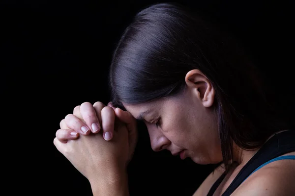 Wierni Kobietą Modlącą Się Ręce Składany Kulcie Boga Głową Dół — Zdjęcie stockowe
