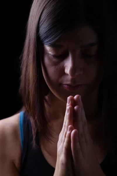 Faithful Athletic Woman Praying Hands Folded Worship God Head Eyes — Stock Photo, Image