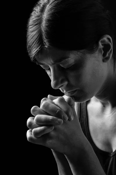 Femme Fidèle Priant Les Mains Pliées Adoration Dieu Avec Tête — Photo