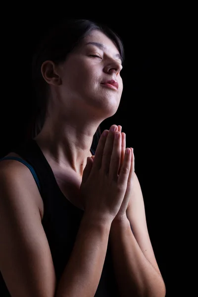 Low Key Happy Faithful Woman Praying Smiling Happiness Bliss Peace — Stock Photo, Image
