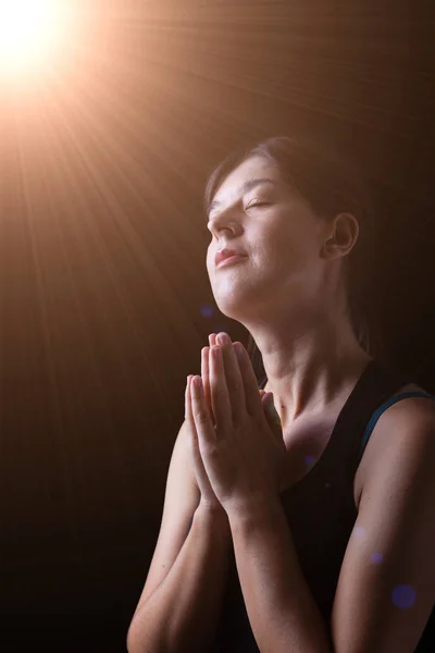 Happy Faithful Woman Praying Smiling Happiness Bliss Peace Divine Celestial — Stock Photo, Image