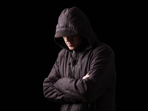 Lonely Depressed Fragile Man Hiding Face Arms Crossed Standing Darkness — Stock Photo, Image