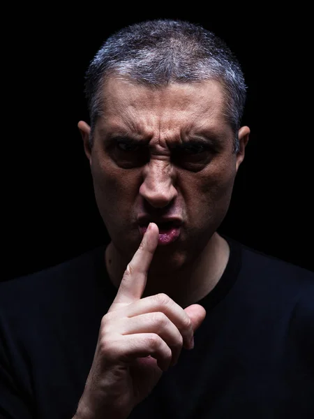 Furious Mature Man Aggressive Look Making Silence Sign Violent Threatening — Stock Photo, Image