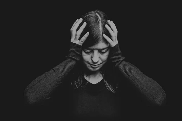 Distressed Woman Holding Head Hands Black Dark Background Concept Migraine — Stock Photo, Image