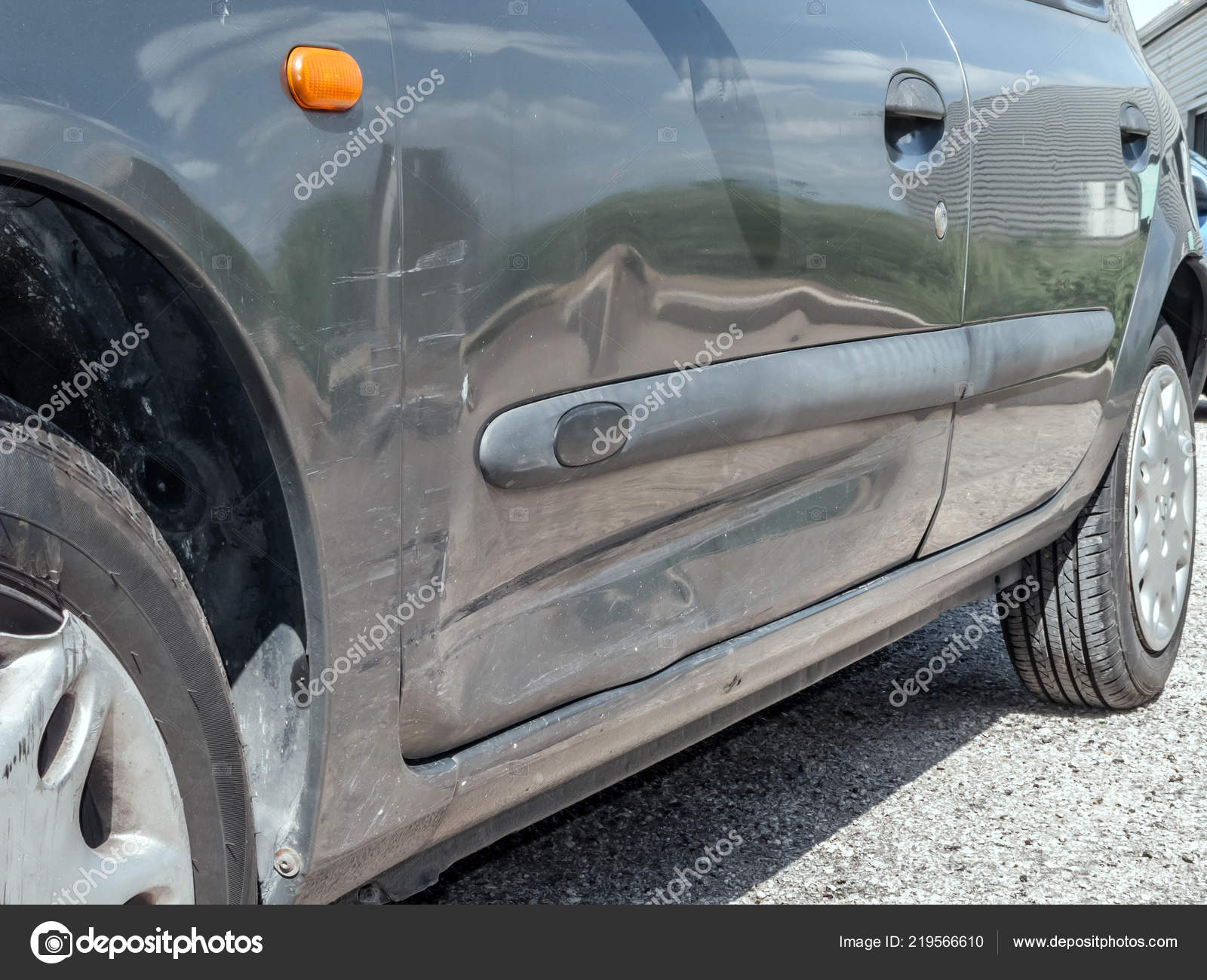 Close Detail Dented Driver Door Car Crash Automobile Accident Bent