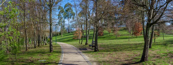 空土の道 トラック トレイルまたは経路木と緑の芝生芝生パルケ ダ注ぐ都市公園 ヴィラ ノヴァ Famalicao ポルトガル — ストック写真