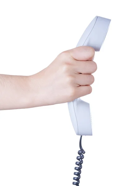 Mão Segurando Telefone Isolado Sobre Fundo Branco — Fotografia de Stock