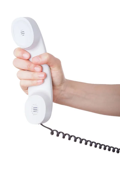Hand Hält Ein Telefon Isoliert Über Weißem Hintergrund — Stockfoto
