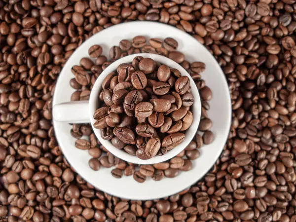 Background Texture Coffee Beans White Espresso Cup — Stock Photo, Image
