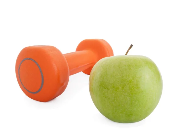 Fitness Hantel Och Ett Äpple Som Isolerad Vit Bakgrund — Stockfoto