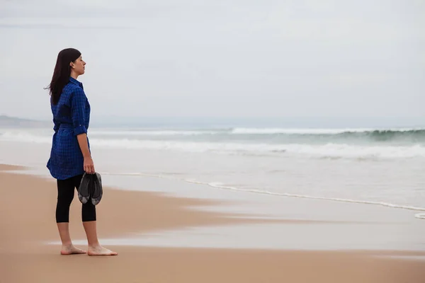 Lonely Depressed Woman Watching Sea Deserted Beach Autumn Day — Stock Photo, Image