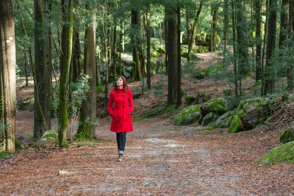 Jonge Vrouw Lopen Alleen Een Bospad Draagt Een Rode Jas — Stockfoto