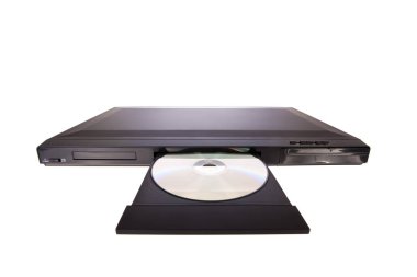 DVD player ejecting disc with remote control isolated on white background clipart