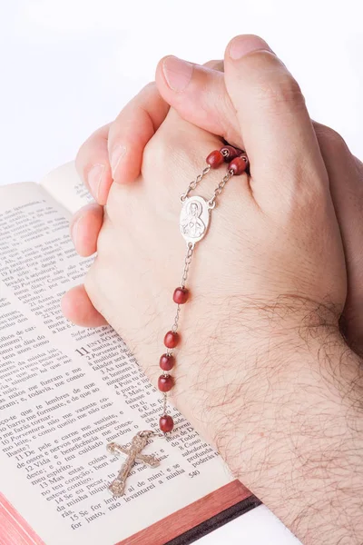 Male Hands Closed Prayer Holding Rosary Open Old Holy Bible — Stock Photo, Image