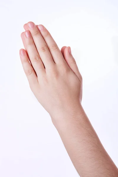 Mãos Femininas Fechadas Oração Isolada Sobre Fundo Branco — Fotografia de Stock