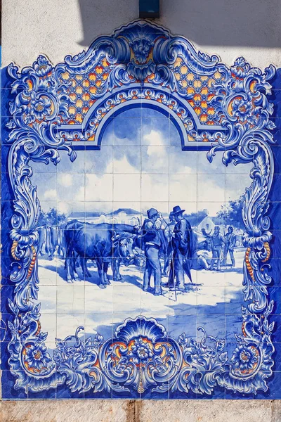 Azulejos Portugueses Típicos Que Retratam Cenas Regionais Típicas Fachada Mercado — Fotografia de Stock