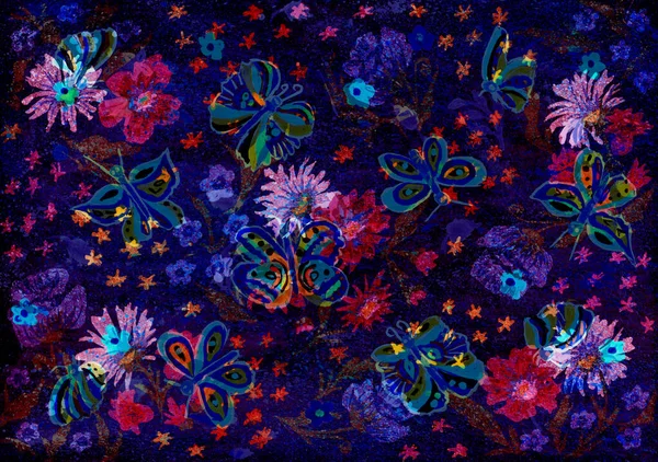 深色花朵和蝴蝶水彩画为背景 彩色手绘插图 — 图库照片