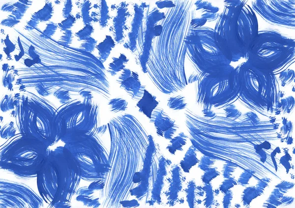 青の花水彩画を背景にカラフルな手描きイラスト — ストック写真