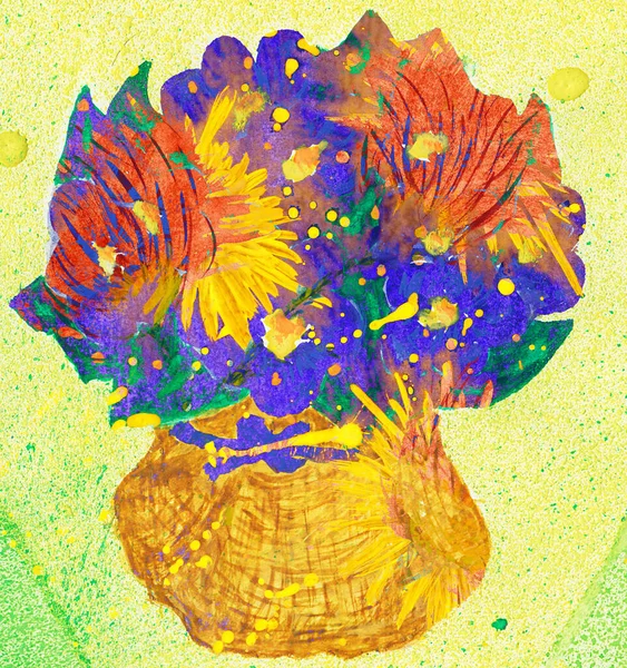 Bouquet Flowers Vase Watercolor Artwork Yellow Background Hand Drawn Illustration — Stock Photo, Image