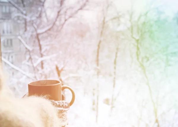 Karla kaplı ağaçlar arka plan üzerinde sıcak içecek bir fincan ile Örme Eldivenler elinde