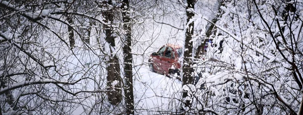 Ormanda, kış yolda kırsalında, kar yağışı araba araba karlı yolda kırmızı araba 