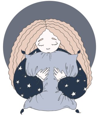 Yastık ile çizgi film kız. Elle çizilmiş şekil. Kartpostal veya poster tasarımı. Vektör.