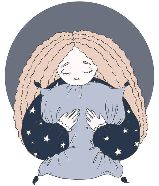 Cartoon girl with pillow. Hand drawn illustration. Postcard or poster design. Vector.