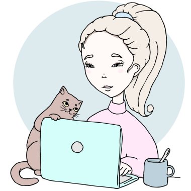 Sevimli çizgi karakter çalışan kız masada bir kupa ve kedi ile. Elle çizilmiş şekil. Vektör.