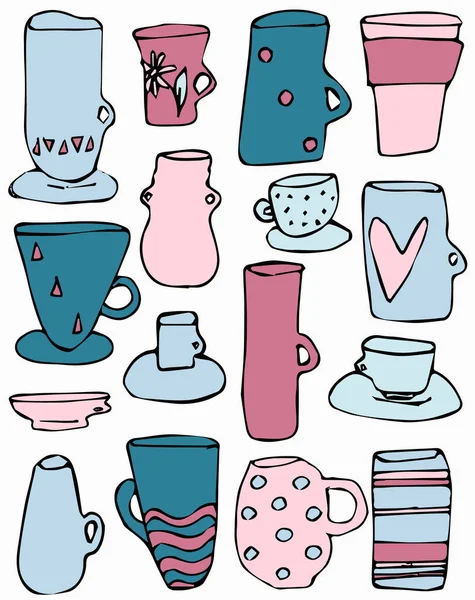 ベクトルは 異なるデザインのかわいい漫画図面マグカップのコレクションを設定します 手描き — ストックベクタ