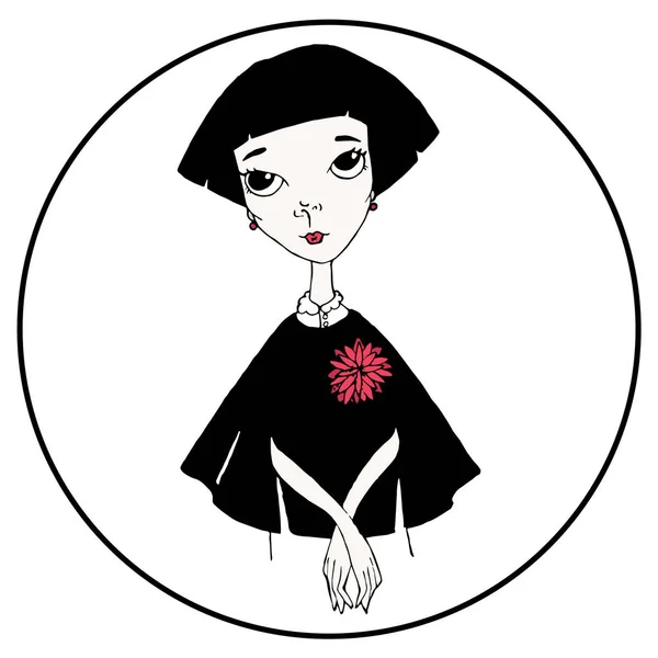Fille Gothique Robe Noire Avec Fleur Rouge Illustration Dessinée Main — Image vectorielle