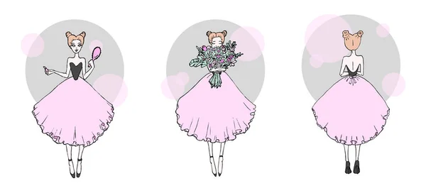 つのかわいい女の子のピンクのドレス 手描きのイラスト 子供のポスターのデザイン — ストックベクタ