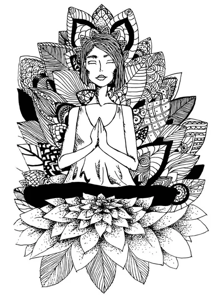 Yoga-kız, meditasyon, elle çizilmiş, vektör