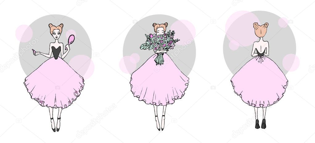 Three cute girls in pink dresses. Hand drawn illustration. Design of children's poster.