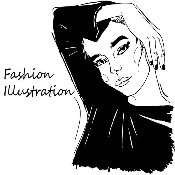 Beautiful Woman Face Stylish Pose Hand Drawn Fashion Illustration Vector — Stock Vector