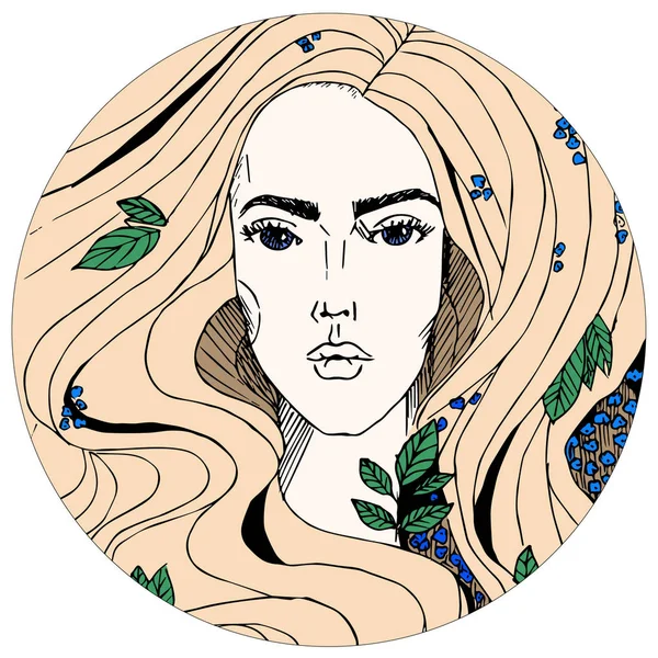 Vackra Kvinnans Ansikte Handritad Illustration Affisch Logotyp Eller Vykort Design — Stock vektor