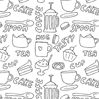 Çay elemanları ile Seamless modeli. El vektör çizim çekilmiş. Menü, kafe, Restoran, bar, poster, kumaş, kağıt, afiş, scrapbooking ve diğer tasarım kaydırma için kullanılabilir.