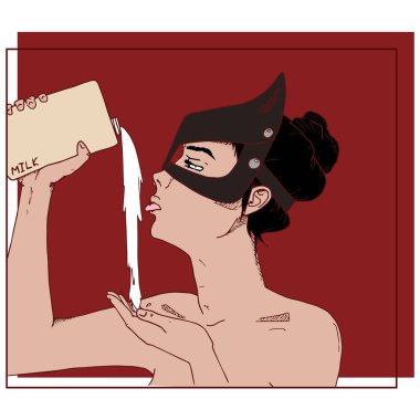 Maske süt ile seksi kız. Çizilmiş vektör çizim el.