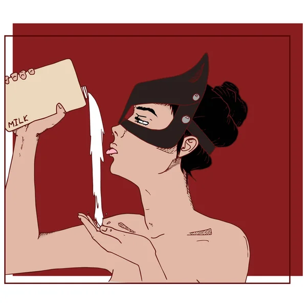 Maske süt ile seksi kız. Çizilmiş vektör çizim el.