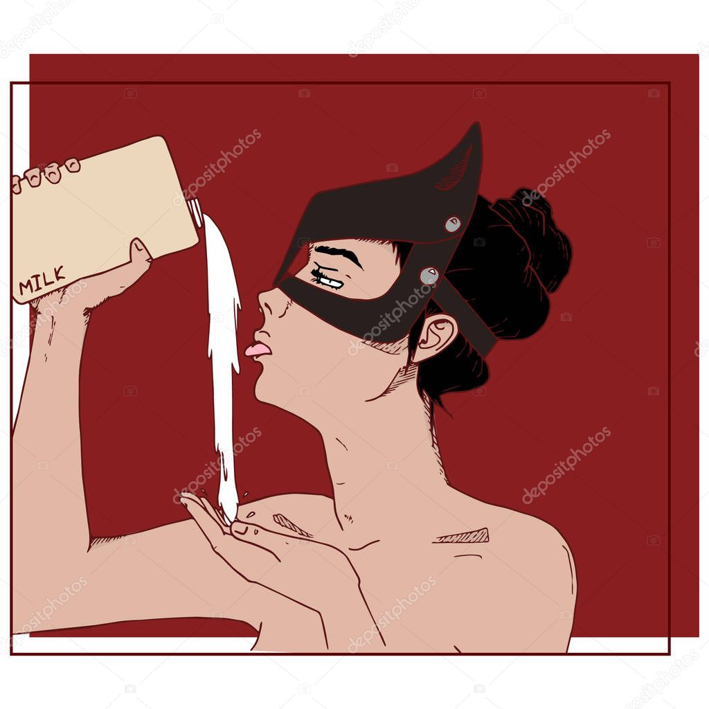 Sexy girl in mask with milk. Hand drawn vector illustration.
