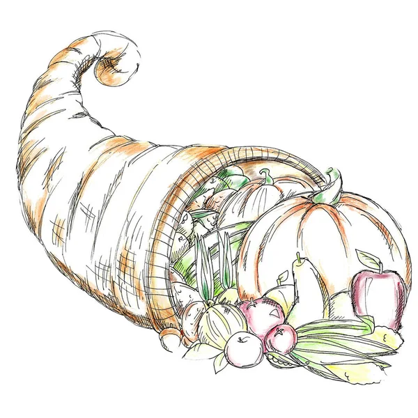 Ilustração Desenhada Mão Uma Cornucópia Ação Graças Cheia Frutas Legumes — Fotografia de Stock