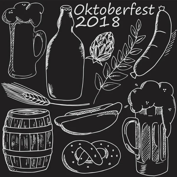 Oktoberfest Simgeler Bira Çeşitli Snack Çizilmiş Vektör Çizim — Stok Vektör