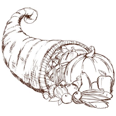 Hand drawn illustration of a Thanksgiving cornucopia full of harvest fruits and vegetables. clipart
