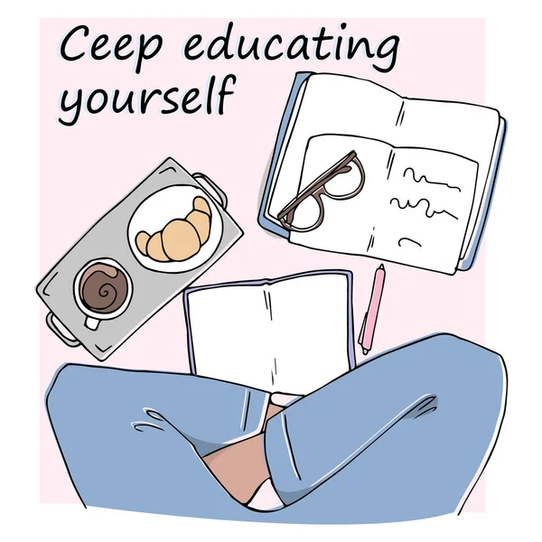 Concept illustration of courses, distance studying, self education, reading, learning new. Woman's legs in blue pajamas. Hand drawn illustration.