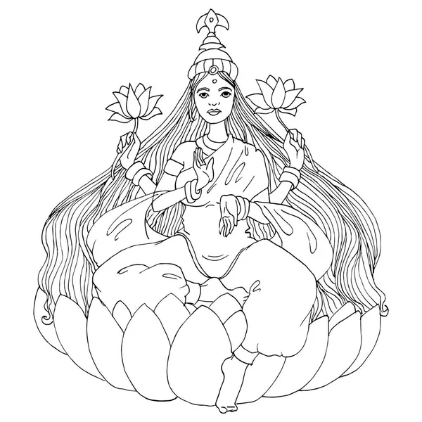 Hindu Tanrıça Lakshmi. Dhanteras. Navaratri. Diwali. Çizilmiş vektör çizim el.