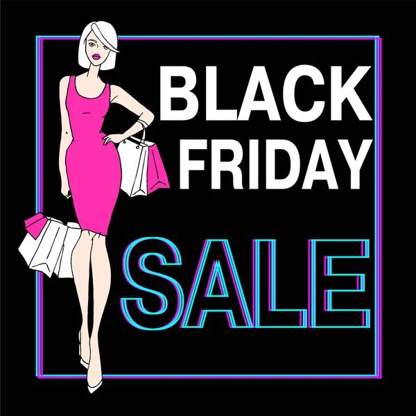 Siyah Cuma satışı. Güzel moda kız. Çizilmiş vektör çizim el.