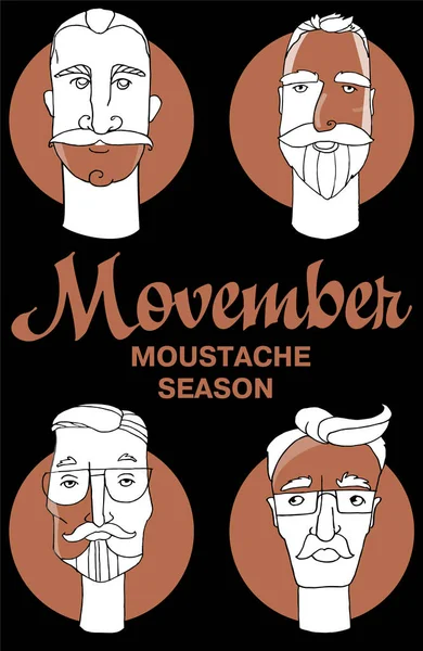 Hipster berber karikatür insanlarla sakalları bıyıkları ve çeşitli şık saç kesimi. Movember. Çizilmiş vektör çizim el.