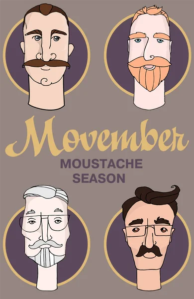 Hipster berber karikatür insanlarla sakalları bıyıkları ve çeşitli şık saç kesimi. Movember. Çizilmiş vektör çizim el.