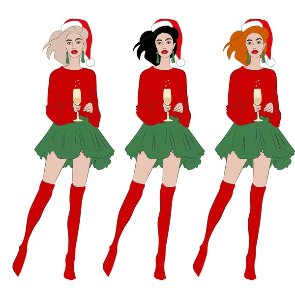 Cásate Con Navidad Feliz Año Nuevo Tres Chicas Idénticas Con — Vector de stock