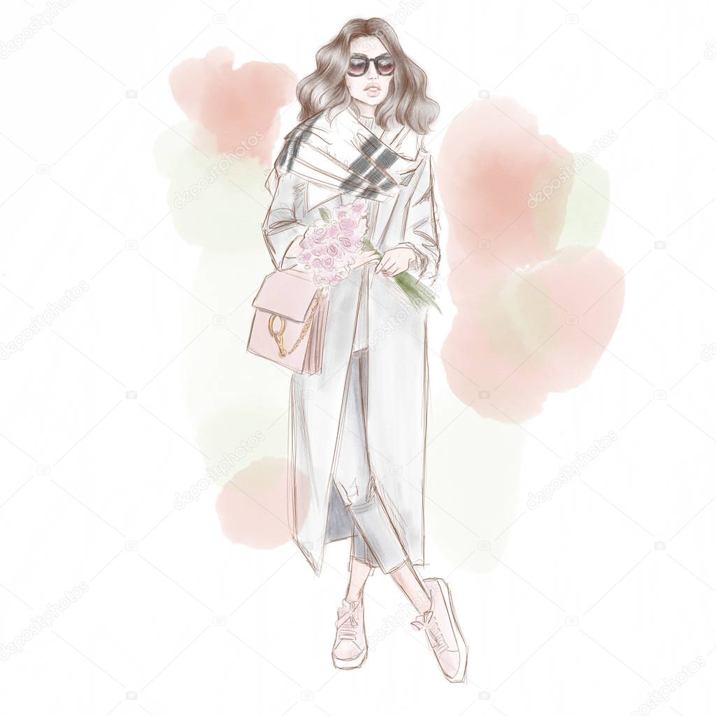 Beautiful lady with a bouquet of flowers. Fashion sketch. Street style. Watercolor texture.