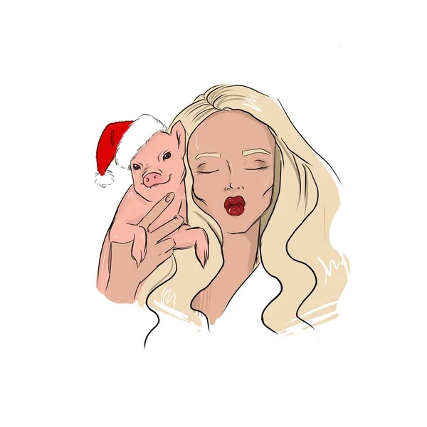 Une Fille Avec Porcelet Nouvel 2019 Joyeux Noël — Photo